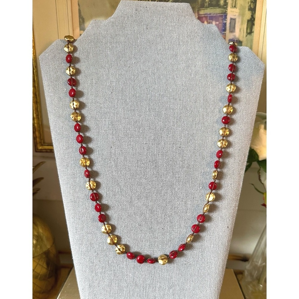Long Lucky Brand Hammered Metal Beaded Gold Tone & Red Stone Necklace